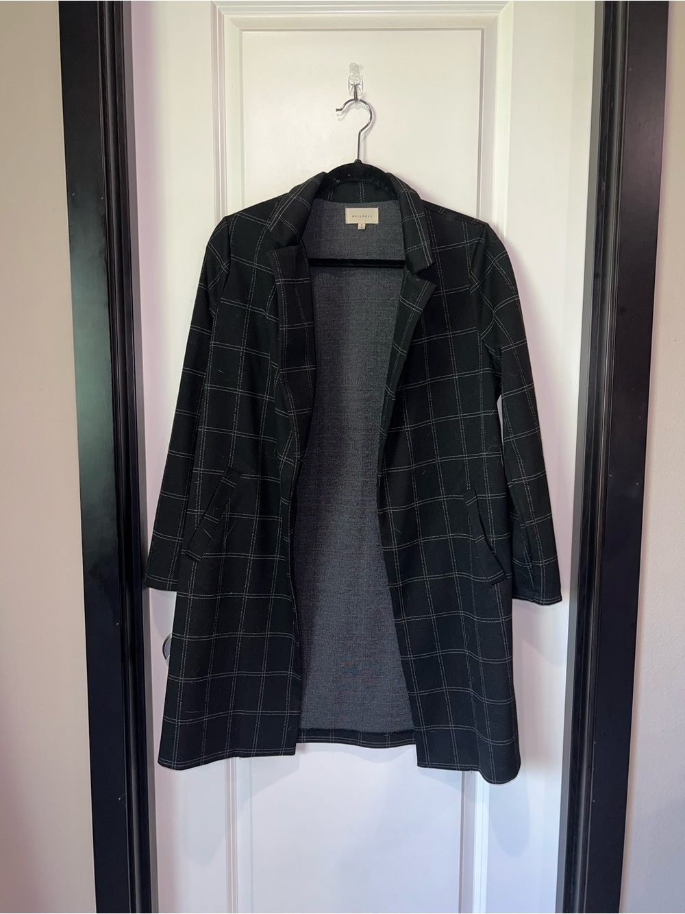 MELLODAY Black Windowpane Open-Front Trench Coat